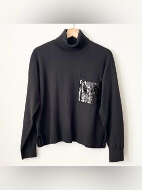 DKNY Women's Black Turtleneck Sweater Sequins Size M Classic Minimalist Holiday